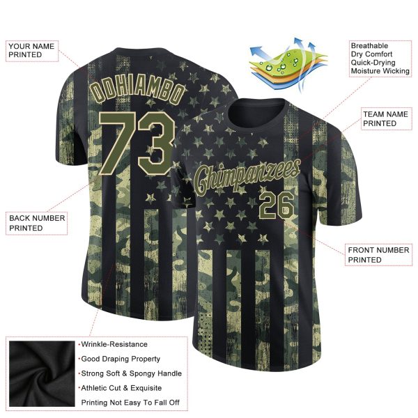 Custom Camo Olive-Cream 3D American Flag Fashion Performance Salute To Service T-Shirt - Image 2