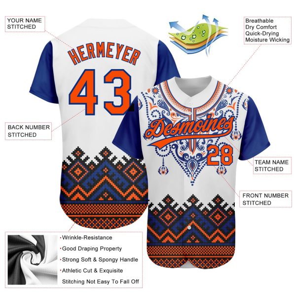 Custom White Orange-Royal 3D Pattern Design Traditional African Ethnic Style Authentic Baseball Jersey - Image 2