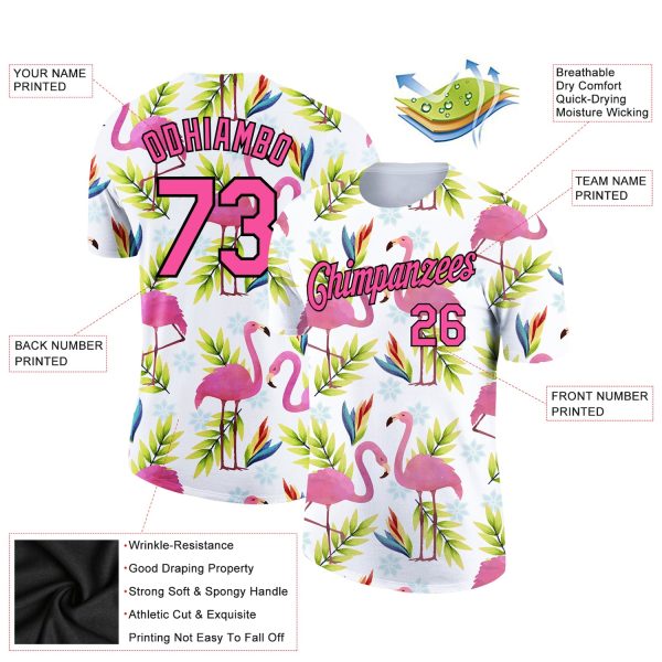 Custom White Pink-Black 3D Pattern Design Tropical Hawaii Flamingo Performance T-Shirt - Image 2