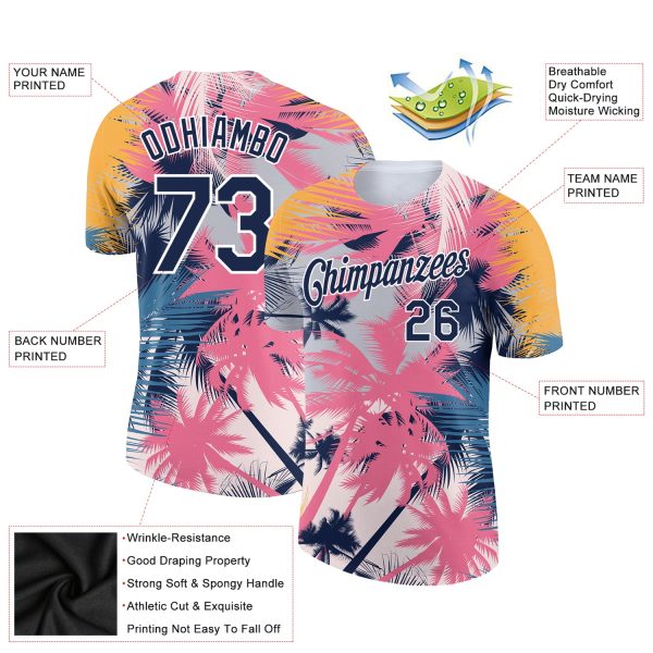 Custom White Navy 3D Pattern Design Hawaii Palm Trees Performance T-Shirt - Image 2