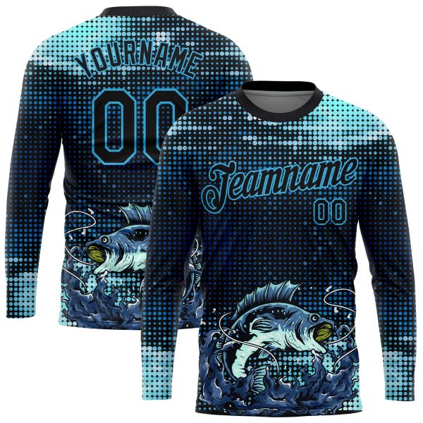 Custom Sky Blue Black 3D Pattern Design Fishing Performance T-Shirt - Image 2