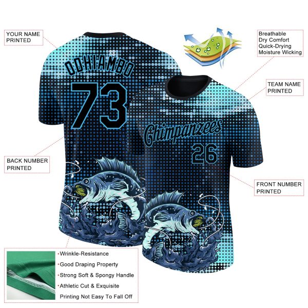 Custom Sky Blue Black 3D Pattern Design Fishing Performance T-Shirt - Image 3