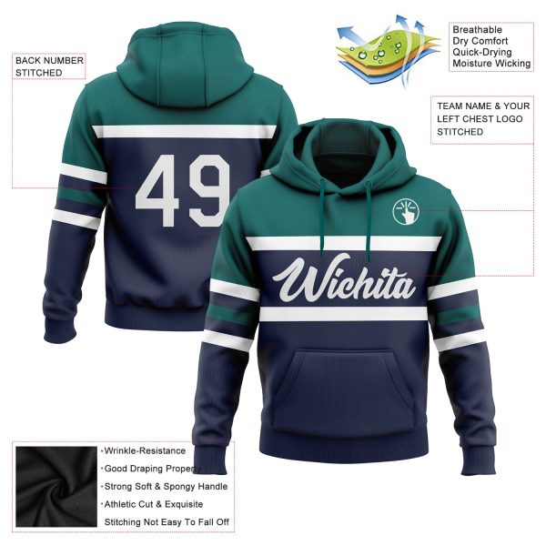 Custom Stitched Navy White-Teal Line Sports Pullover Sweatshirt Hoodie - Image 2