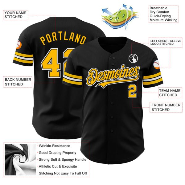 Custom Black Gold-White Authentic Baseball Jersey - Image 3
