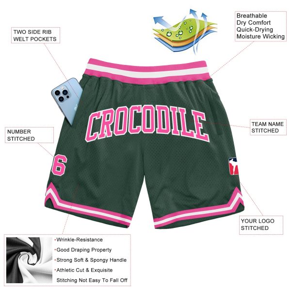 Custom Hunter Green Pink-White Authentic Throwback Basketball Shorts - Image 2