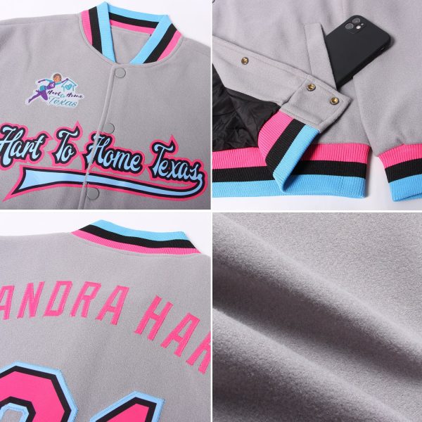 Custom Gray Pink Black-Light Blue Bomber Full-Snap Varsity Letterman Jacket - Image 2