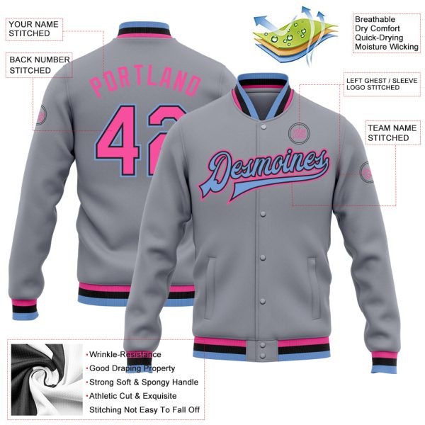 Custom Gray Pink Black-Light Blue Bomber Full-Snap Varsity Letterman Jacket - Image 3