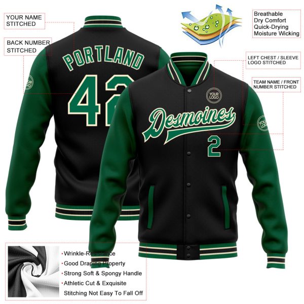 Custom Black Kelly Green-Cream Bomber Full-Snap Varsity Letterman Two Tone Jacket - Image 3