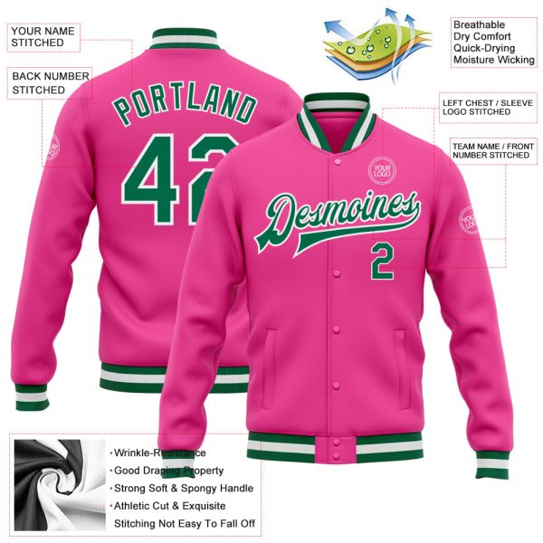 Custom Pink Kelly Green-White Bomber Full-Snap Varsity Letterman Jacket - Image 3