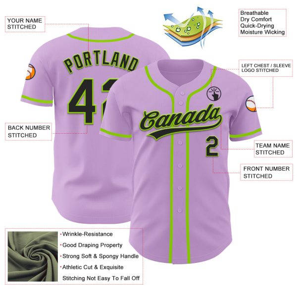 Custom Light Purple Black-Neon Green Authentic Baseball Jersey - Image 3