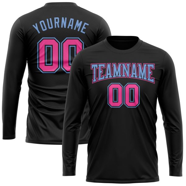 Custom Black Pink-Light Blue Long Sleeve Performance T-Shirt - Image 2