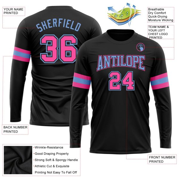 Custom Black Pink-Light Blue Long Sleeve Performance T-Shirt - Image 3