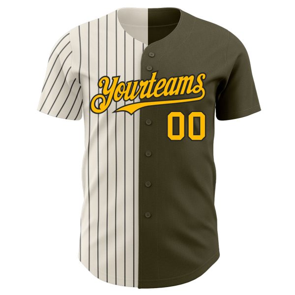 Custom Olive Gold Cream-Black Pinstripe Authentic Split Fashion Salute To Service Baseball Jersey - Image 2